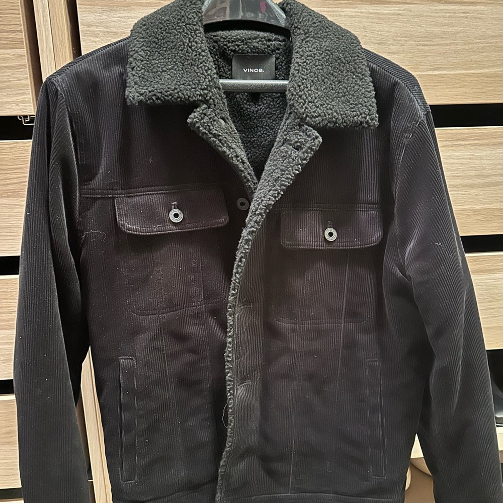 Vince Men's Black Corduroy Trucker Jacket Sherpa Lined Warm